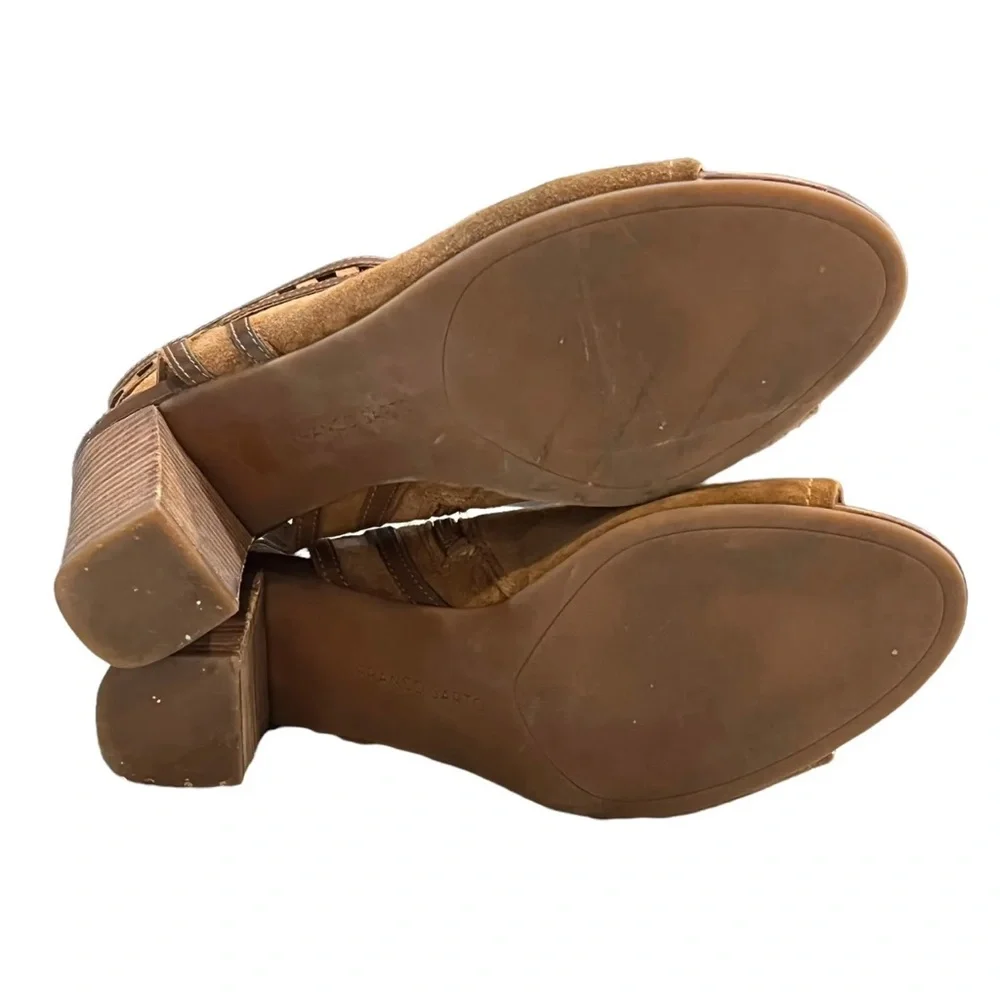 Franco Sarto 9.5 Greenwich Cognac Heeled Ankle Boots Booties Open Back Peep Toe - Picture 8 of 12